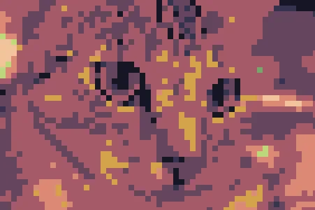 A cat portrait reduced to large square cells and the Retro 16 palette.
