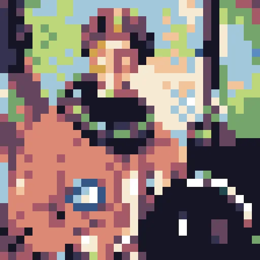 The same portrait reduced to coarse sixteen-pixel cells, with much less detail around the face.