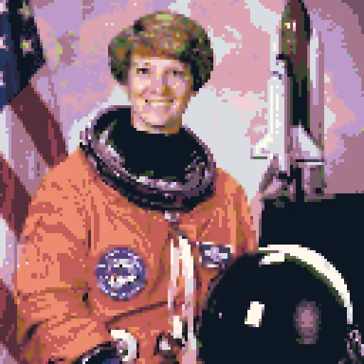 Four-pixel portrait using Color 32, with additional shades across the face, clothing, and background.