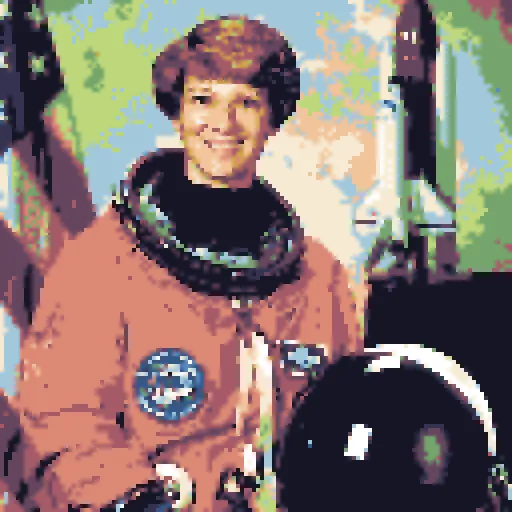 An astronaut portrait simplified into small square cells and a warm limited palette.