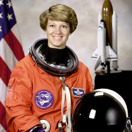 Untreated astronaut portrait, with a visible face, orange suit, and dark background details.