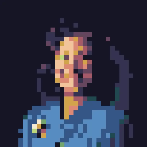 Head-and-shoulders portrait reduced to sixteen-pixel cells and the Retro 16 palette, with a simplified face.
