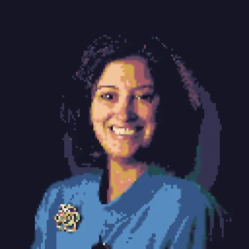 Head-and-shoulders portrait in four-pixel cells and the Retro 16 palette, retaining the face, hair, and blue jacket.