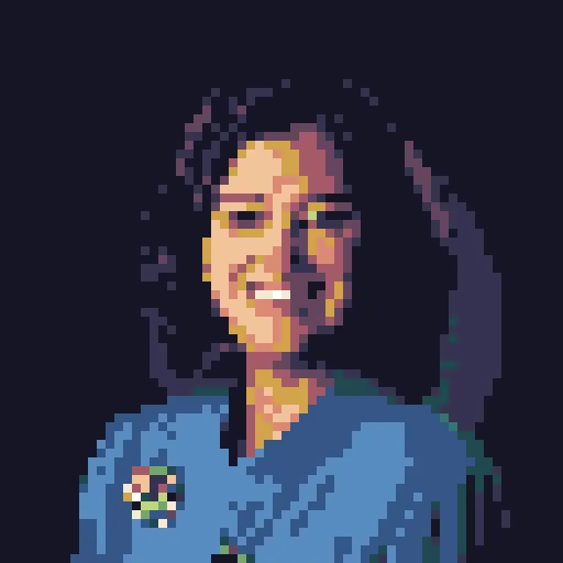 A head-and-shoulders portrait in eight-pixel cells and the Retro 16 palette, framed as a square.